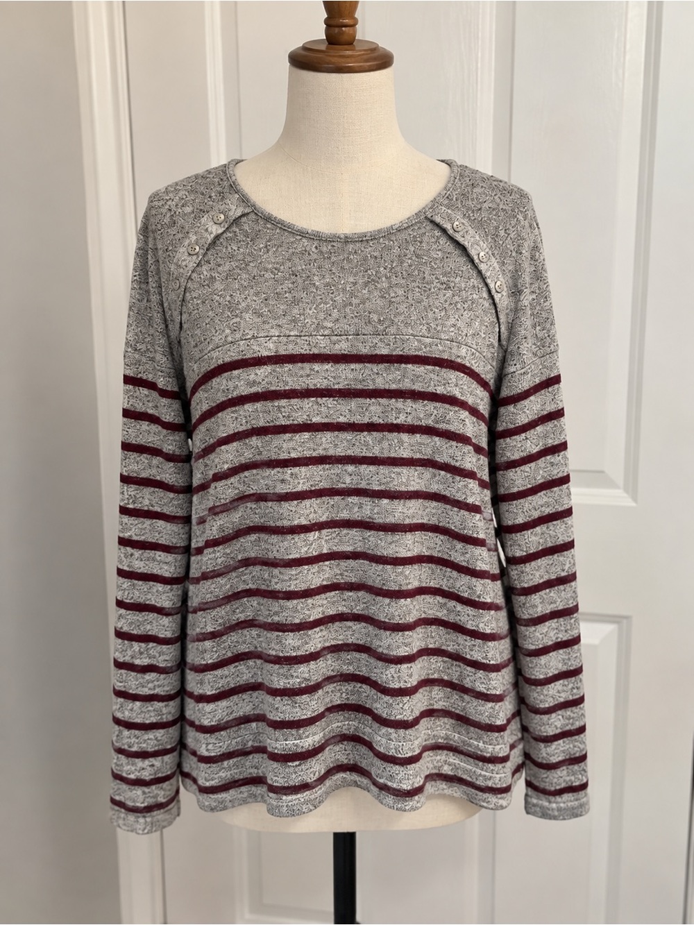 Market & Spruce Gray and Burgundy Striped Button-Shoulder Sweater
